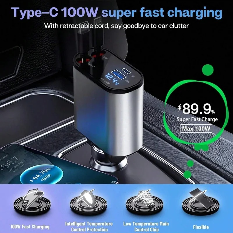 Compro 4-in-1 Retractable Fast Car Charger
