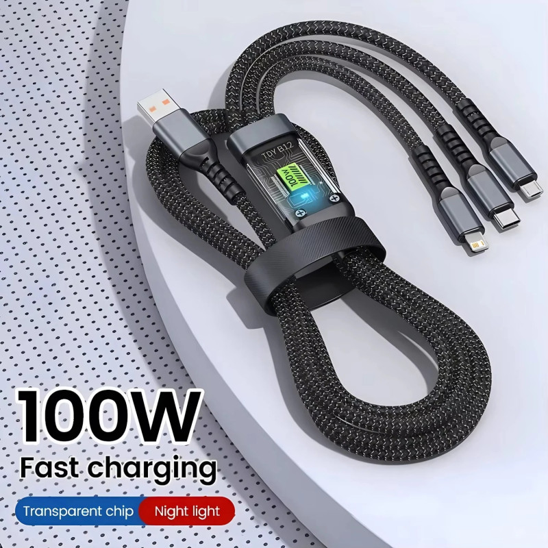 100W 3-in-1 Braided Multi-Device Fast Charging Cable
