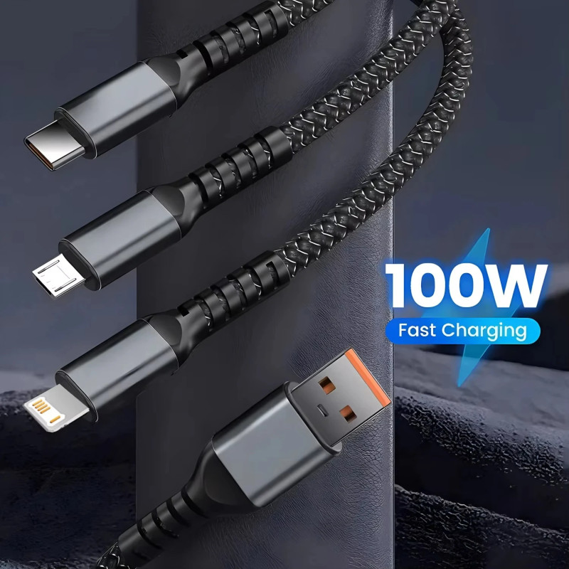 100W 3-in-1 Braided Multi-Device Fast Charging Cable