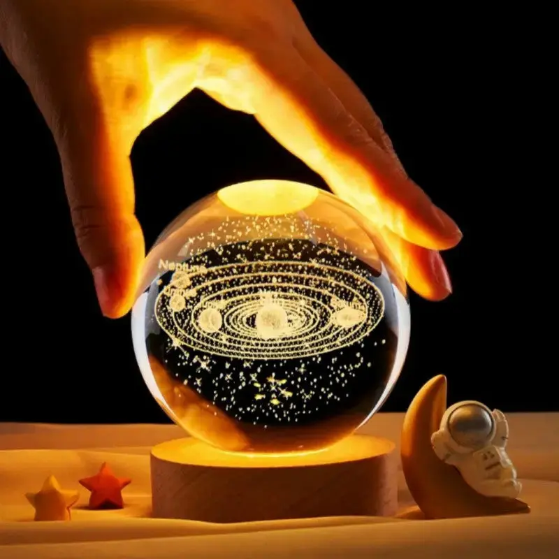 3D Moon Galaxy Crystal Ball Night Light with Wooden Base – LED Decorative Lamp