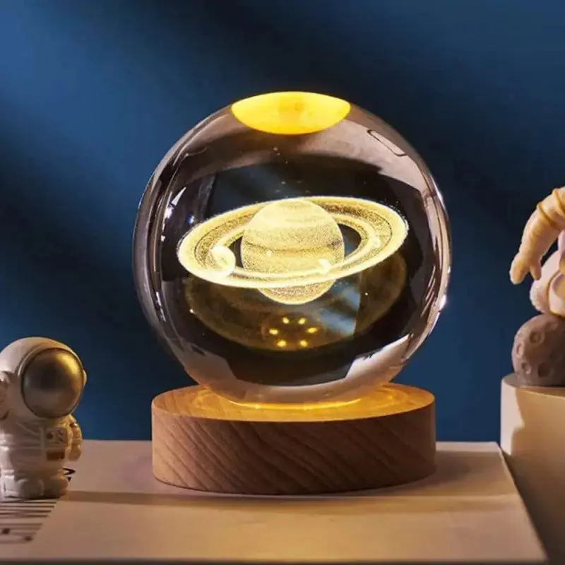 3D Moon Galaxy Crystal Ball Night Light with Wooden Base – LED Decorative Lamp
