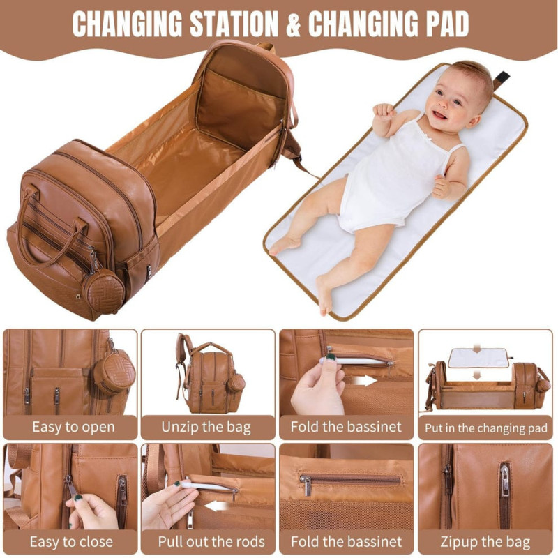 Luxury PU Leather Waterproof Baby Diaper Bag Backpack with Portable Changing Station