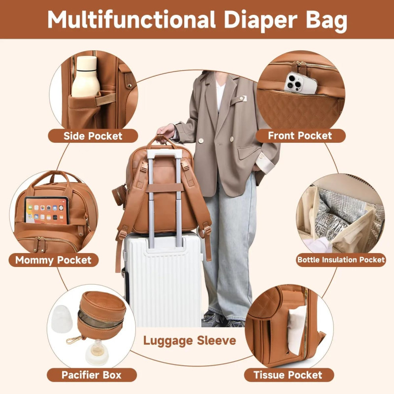 Luxury PU Leather Waterproof Baby Diaper Bag Backpack with Portable Changing Station