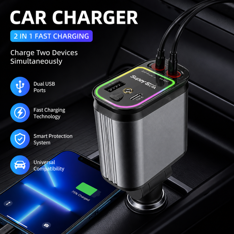4-in-1 Retractable Car Charger with Starlight