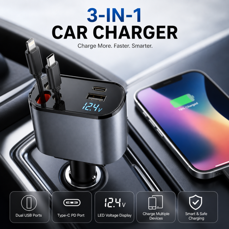 Compro 4-in-1 Retractable Fast Car Charger