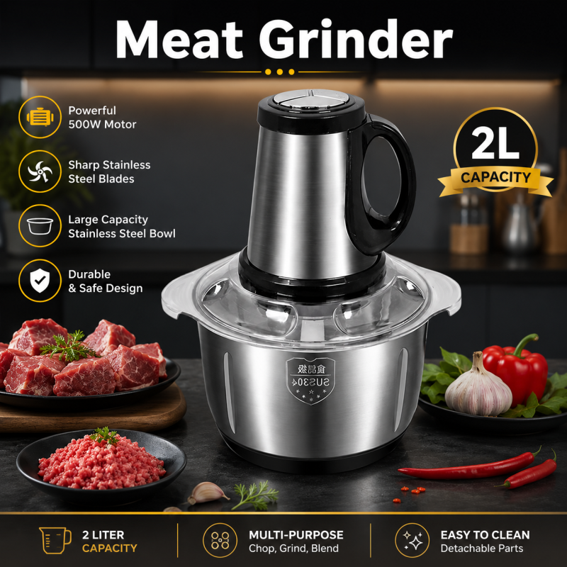 2-Liter Stainless Steel Electric Meat Grinder & Food Chopper