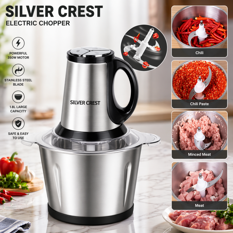 2-Liter Stainless Steel Electric Meat Grinder & Food Chopper
