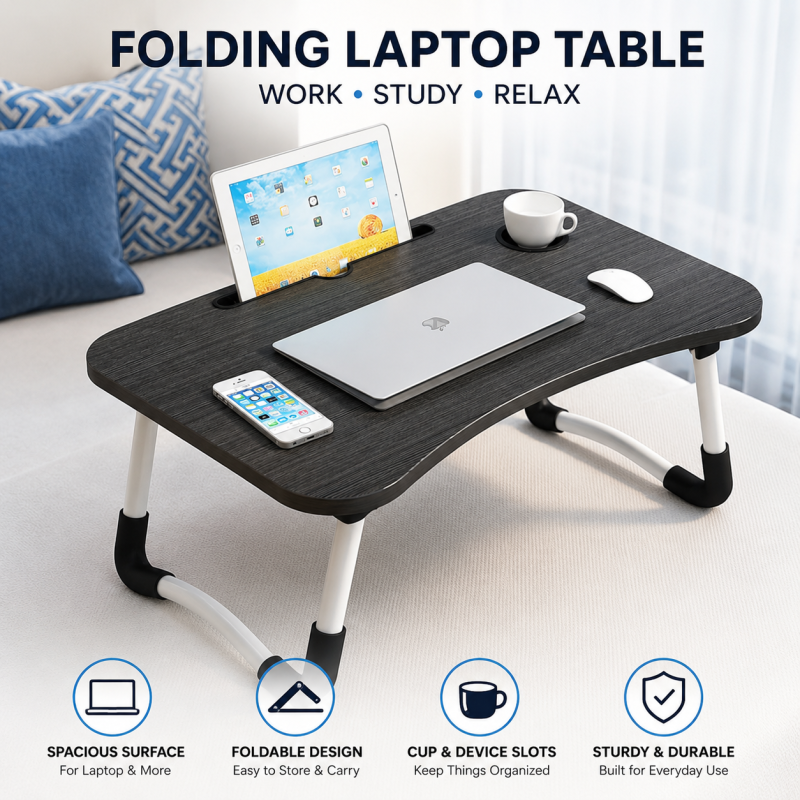 Multipurpose Foldable Laptop & Study Table with Cup Holder & Tablet Slot