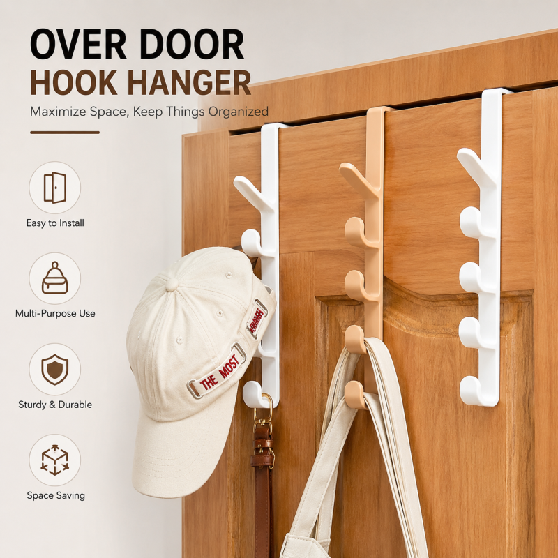 5-Hook Over-the-Door Plastic Coat & Accessory Organizer Rack