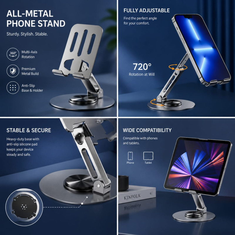 360° Rotatable Foldable Metal Desktop Phone & Tablet Stand