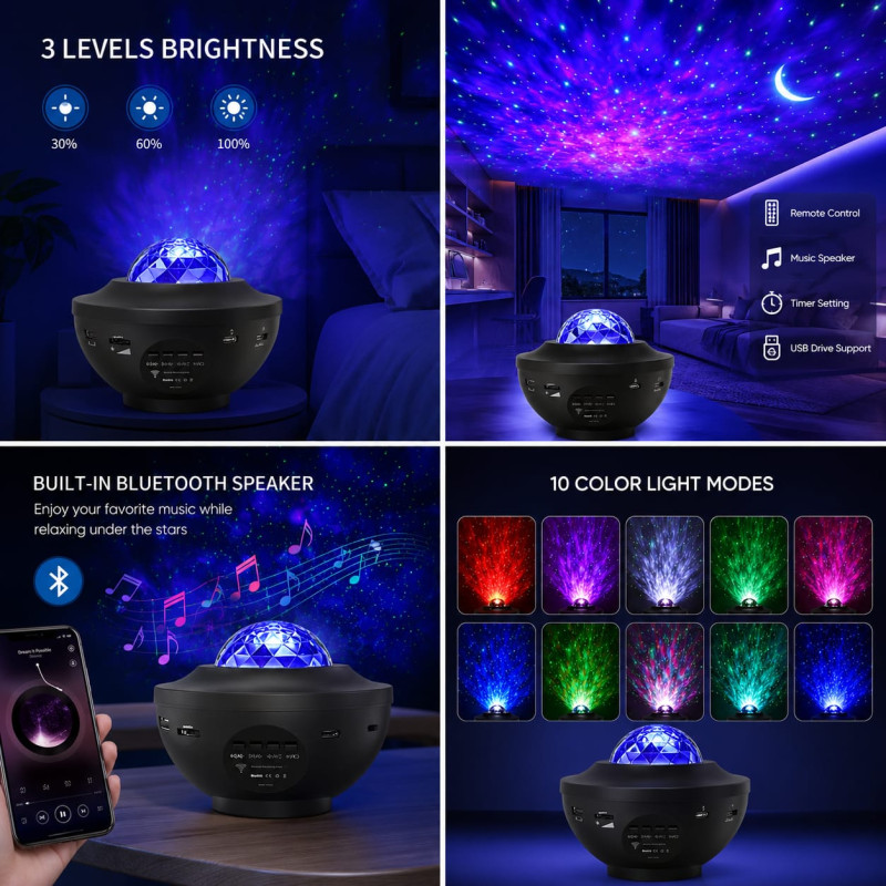 LED Starry Sky Ocean Wave Projector with Bluetooth Speaker