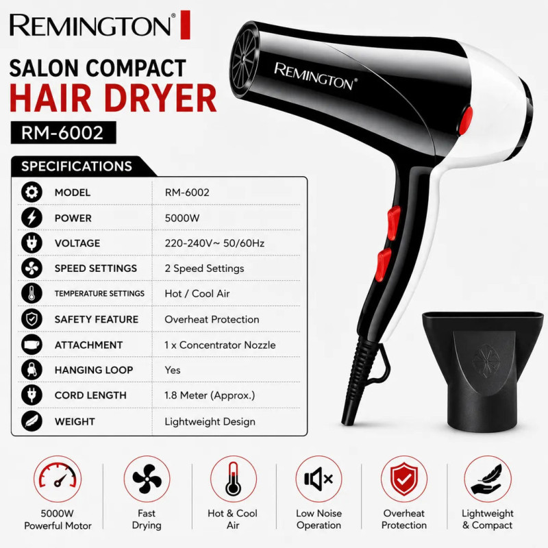Remington RM-6002 Professional Salon Compact Hair Dryer (5000W)