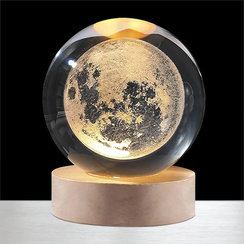 3D Moon Galaxy Crystal Ball Night Light with Wooden Base – LED Decorative Lamp