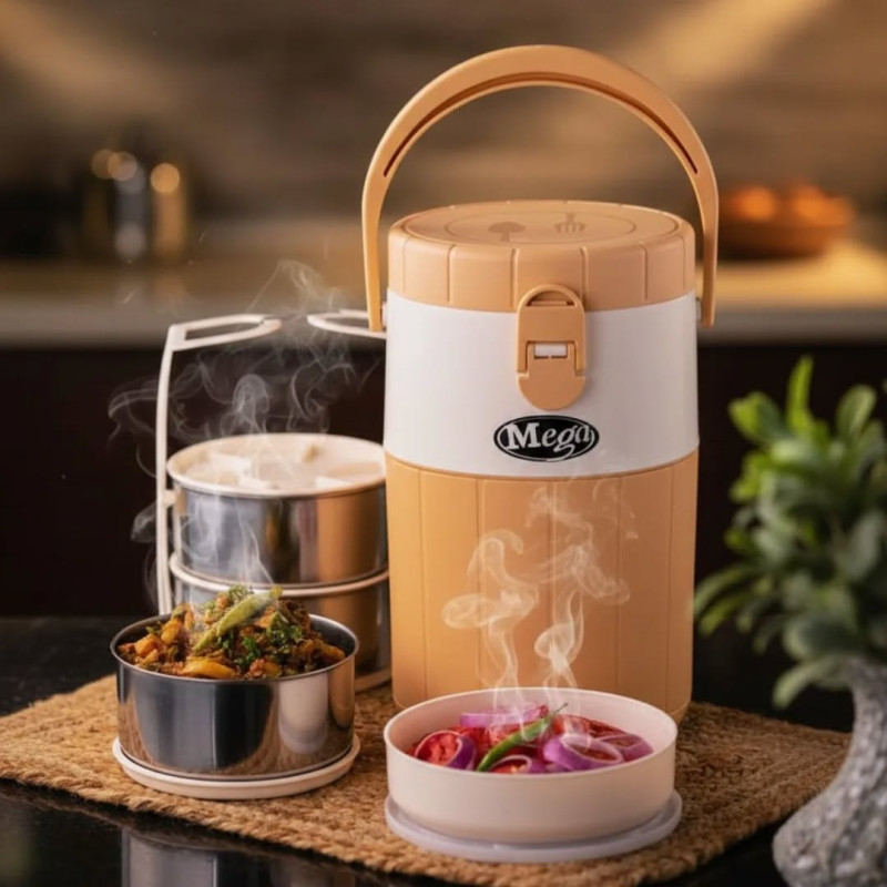 Mega Insulated Lunch Carrier with 3 Stainless Steel Bowls and 1 Plastic Bowl