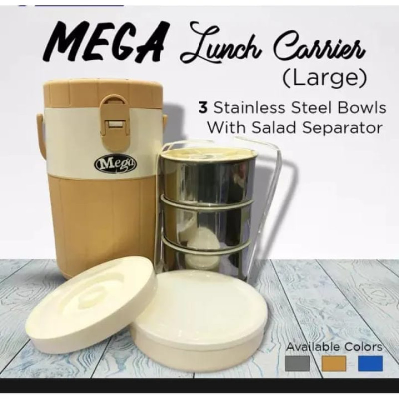 Mega Insulated Lunch Carrier with 3 Stainless Steel Bowls and 1 Plastic Bowl