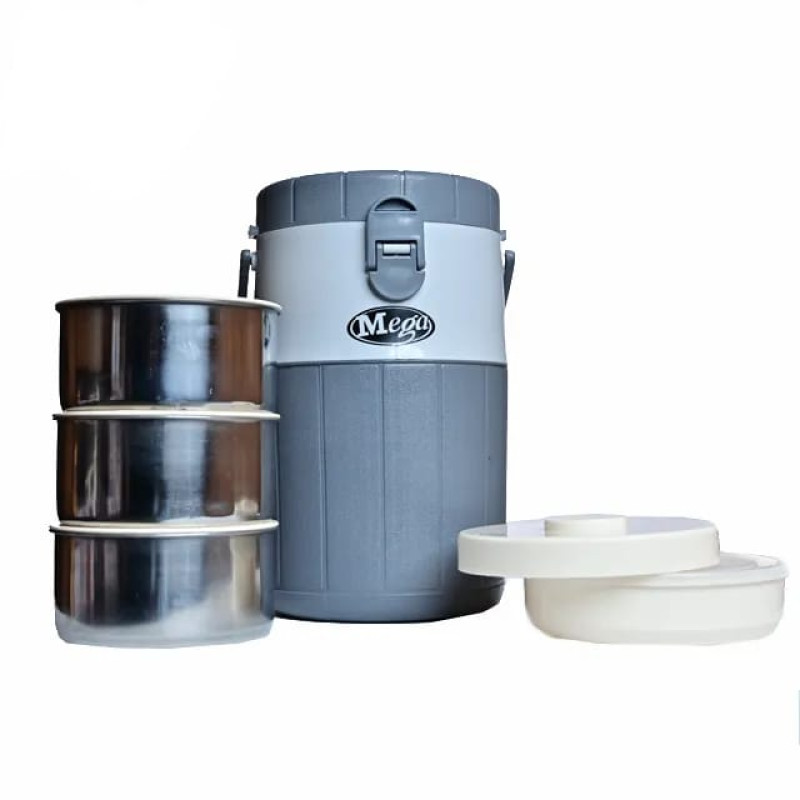 Mega Insulated Lunch Carrier with 3 Stainless Steel Bowls and 1 Plastic Bowl