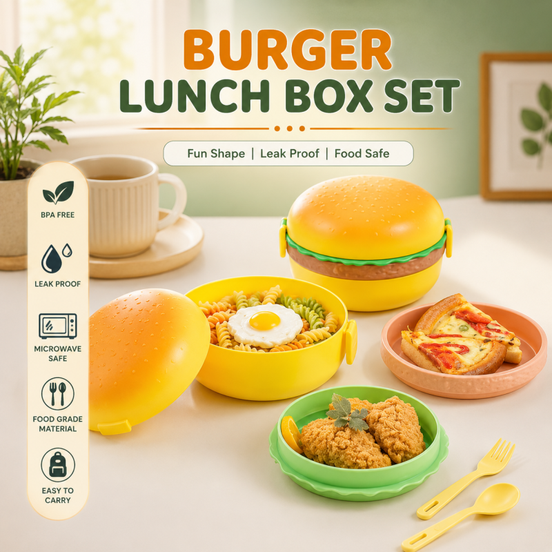 Fun Burger-Shaped Kids Bento Lunch Box with Spoon