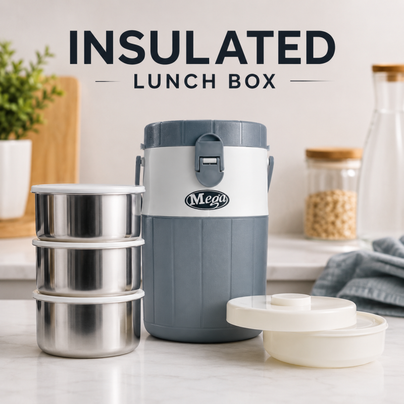 Mega Insulated Lunch Carrier with 3 Stainless Steel Bowls and 1 Plastic Bowl