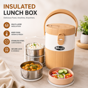 Mega Insulated Lunch Carrier with 3 Stainless Steel Bowls and 1 Plastic Bowl