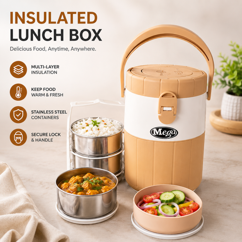 Mega Insulated Lunch Carrier with 3 Stainless Steel Bowls and 1 Plastic Bowl