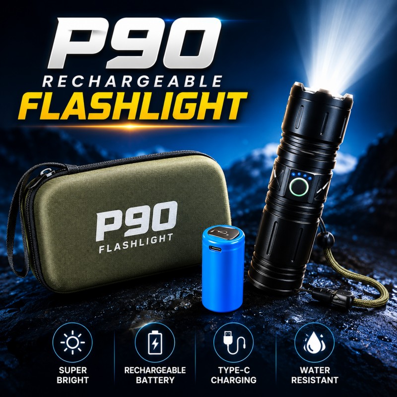 P90 Super Bright Powerful LED Flashlight Torch - High-Lumen Rechargeable Tactical Light