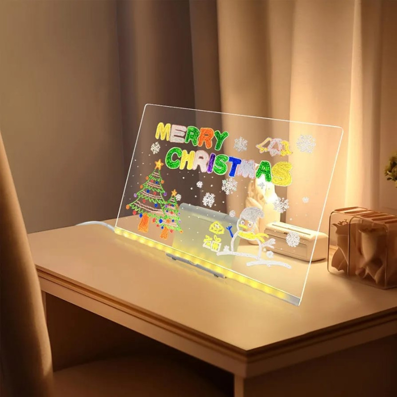 Acrylic Glowing LED Message Board - USB Powered Night Light Note Board with Pen