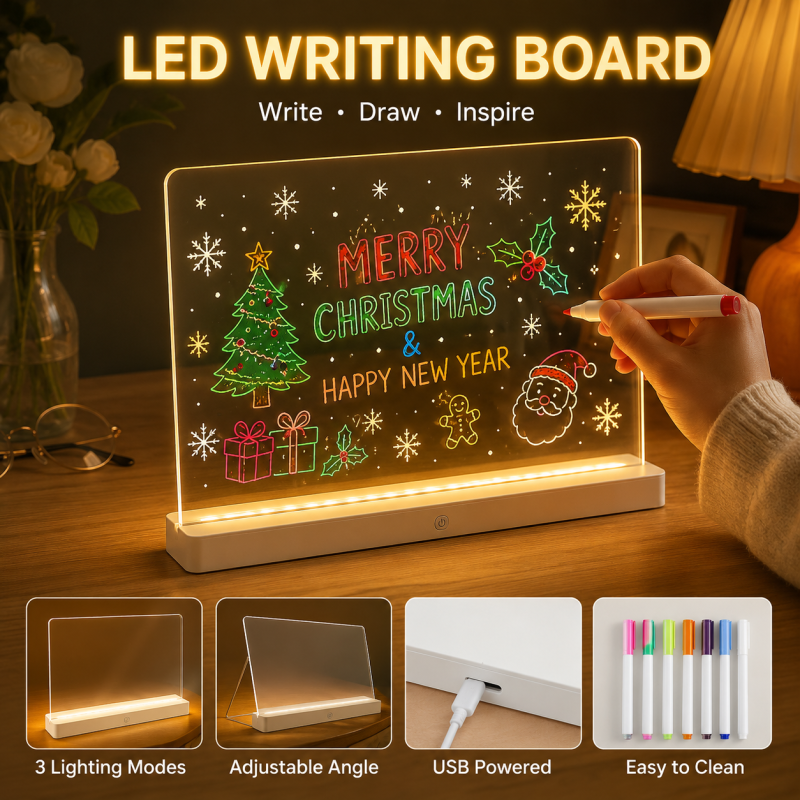 Acrylic Glowing LED Message Board - USB Powered Night Light Note Board with Pen