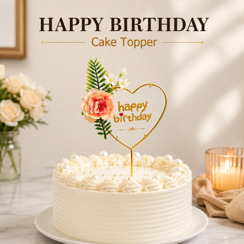 Elegant Glitter "Happy Birthday" Cake Topper with Heart Accent