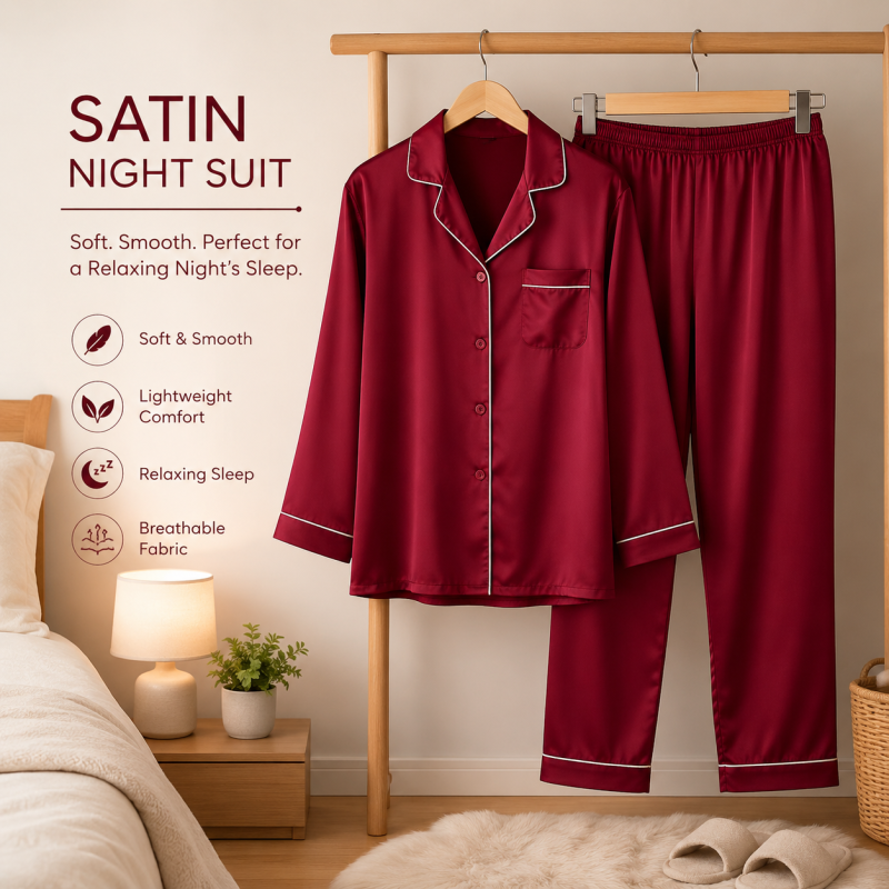Maroon Plain Silk Night Suit - Elegant Women's Lounge & Sleepwear Set