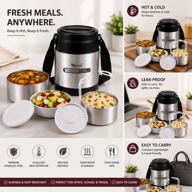Legend-3 Thermosteel Insulated 3-Tier Food Carrier and Lunch Box