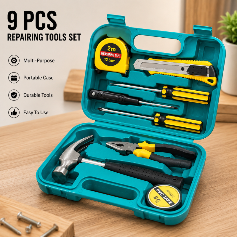 9-Piece Professional Hand Tool Set with Durable Storage Box - Essential DIY Repair Kit