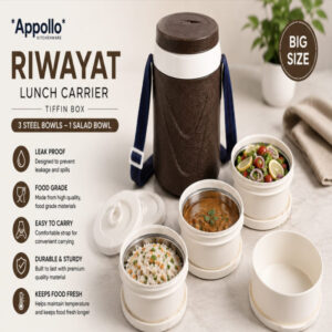Apollo Riwayat Stainless Steel 3-Tier Lunch Carrier Tiffin Box with Salad Bowl